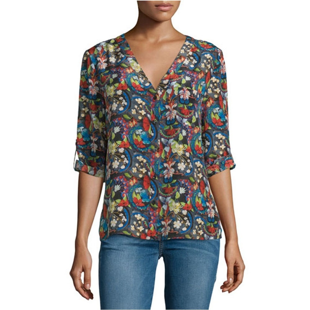 Alice + Olivia Colby Silk Island Watercolor Blouse XS